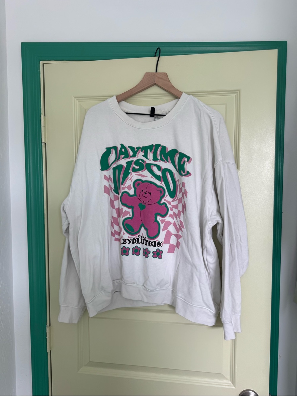H&M White Sweatshirt with Pink & Green Bear Graphic